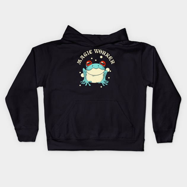 Magic Worker Frog Cottagecore Aesthetic Kids Hoodie by Foxxy Merch